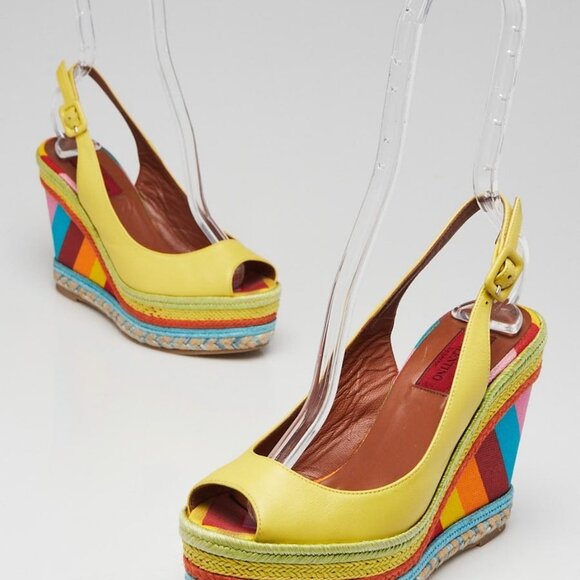 Valentino Yellow Leather and Rainbow Canvas 1973 Espadrille Wedges Size 6/36.5 - Picture 1 of 5